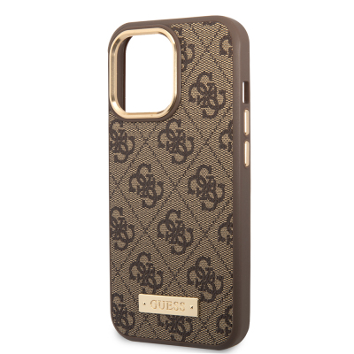Apple iPhone 15 Pro Max Kılıf Guess Orjinal Lisanslı M-safe Şarj Özellikli 4G Desenli PU Metal Plaka Klasik Logolu Kapak - 13