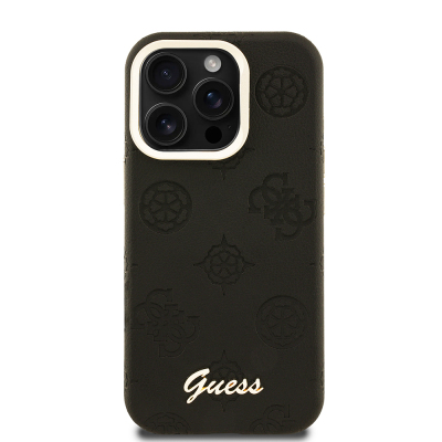 Apple iPhone 15 Pro Max Kılıf Guess Orjinal Lisanslı M-safe Şarj Özellikli Sıcak Baskılı Yazı Logolu Kamera Standlı PU Deri Peony Kapak - 7
