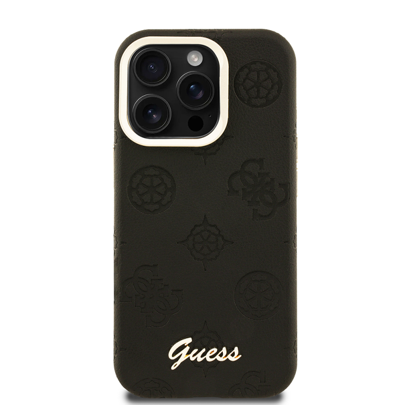 Apple iPhone 15 Pro Max Kılıf Guess Orjinal Lisanslı M-safe Şarj Özellikli Sıcak Baskılı Yazı Logolu Kamera Standlı PU Deri Peony Kapak - 7