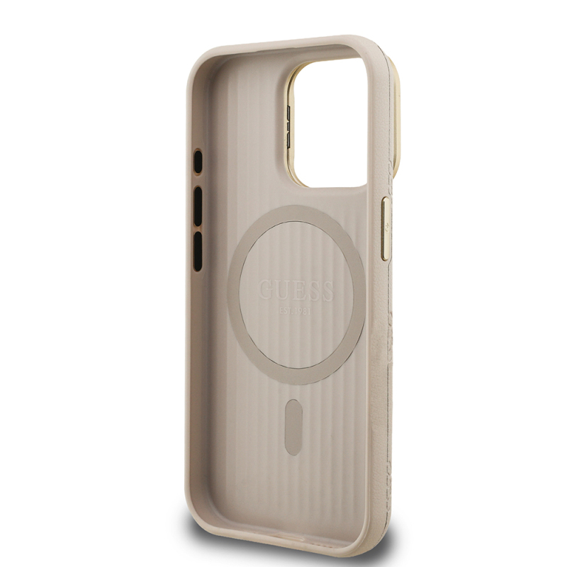 Apple iPhone 15 Pro Max Kılıf Guess Orjinal Lisanslı M-safe Şarj Özellikli Sıcak Baskılı Yazı Logolu Kamera Standlı PU Deri Peony Kapak - 18