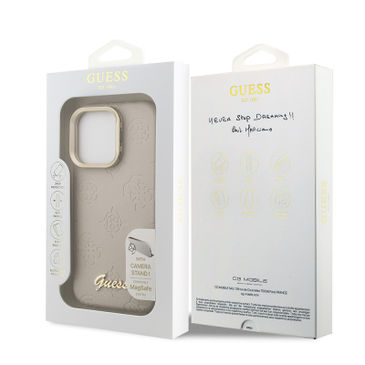 Apple iPhone 15 Pro Max Kılıf Guess Orjinal Lisanslı M-safe Şarj Özellikli Sıcak Baskılı Yazı Logolu Kamera Standlı PU Deri Peony Kapak - 19