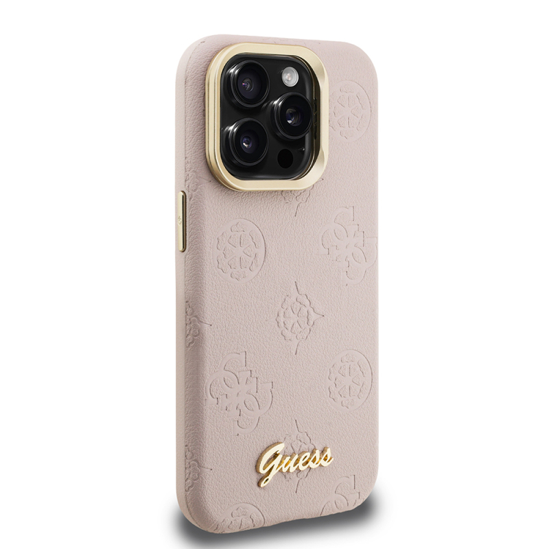 Apple iPhone 15 Pro Max Kılıf Guess Orjinal Lisanslı M-safe Şarj Özellikli Sıcak Baskılı Yazı Logolu Kamera Standlı PU Deri Peony Kapak - 22