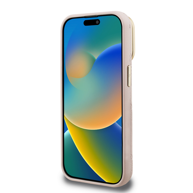 Apple iPhone 15 Pro Max Kılıf Guess Orjinal Lisanslı M-safe Şarj Özellikli Sıcak Baskılı Yazı Logolu Kamera Standlı PU Deri Peony Kapak - 23