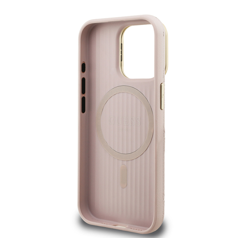 Apple iPhone 15 Pro Max Kılıf Guess Orjinal Lisanslı M-safe Şarj Özellikli Sıcak Baskılı Yazı Logolu Kamera Standlı PU Deri Peony Kapak - 25