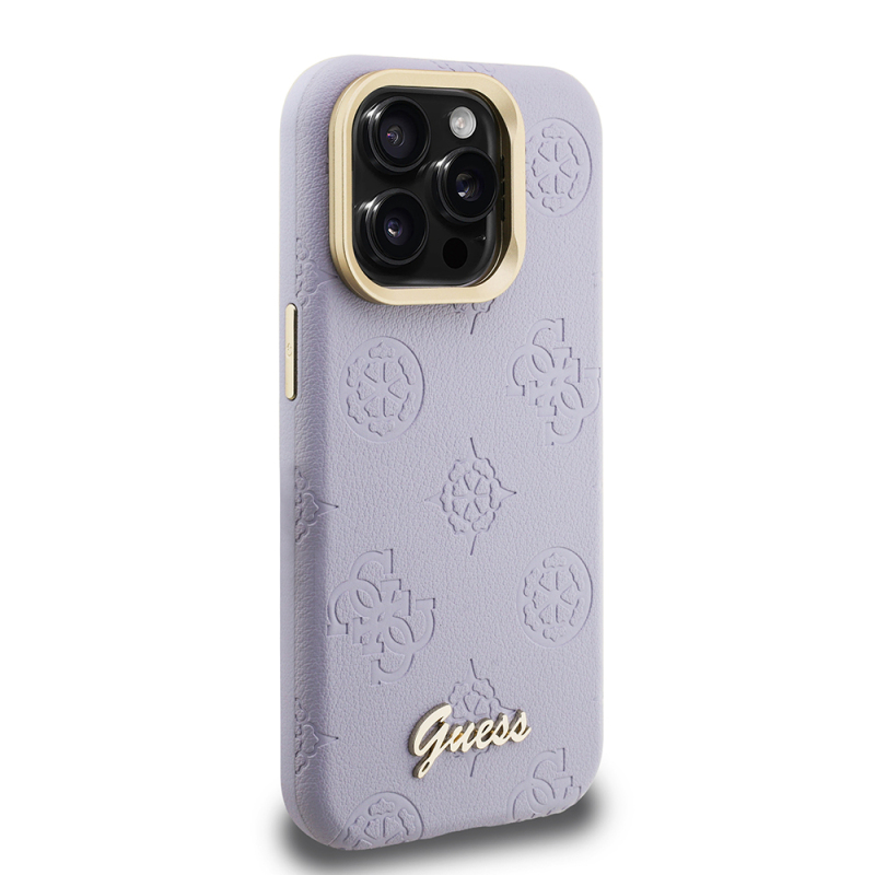 Apple iPhone 15 Pro Max Kılıf Guess Orjinal Lisanslı M-safe Şarj Özellikli Sıcak Baskılı Yazı Logolu Kamera Standlı PU Deri Peony Kapak - 29