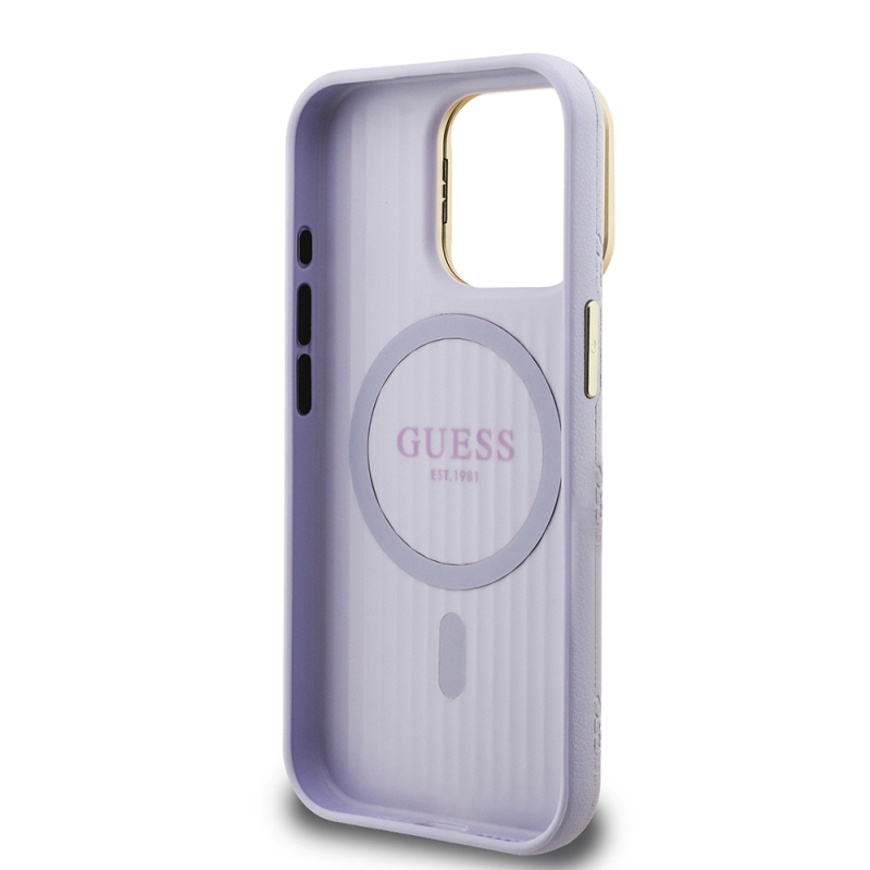 Apple iPhone 15 Pro Max Kılıf Guess Orjinal Lisanslı M-safe Şarj Özellikli Sıcak Baskılı Yazı Logolu Kamera Standlı PU Deri Peony Kapak - 32