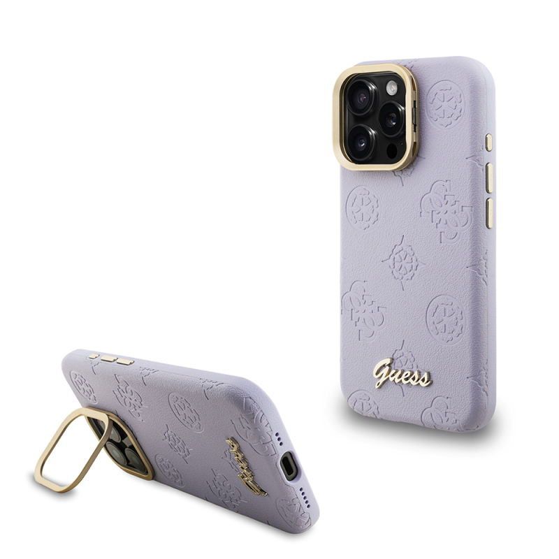 Apple iPhone 15 Pro Max Kılıf Guess Orjinal Lisanslı M-safe Şarj Özellikli Sıcak Baskılı Yazı Logolu Kamera Standlı PU Deri Peony Kapak - 5