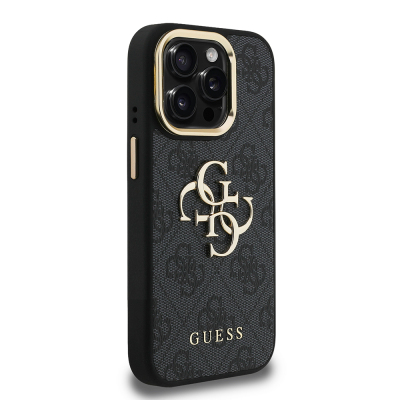 Apple iPhone 15 Pro Max Kılıf Guess Orjinal Lisanslı PU Deri 4G Desenli Metal Büyük 4G ve Yazı Logolu Kamera Standlı Kapak - 15