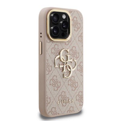Apple iPhone 15 Pro Max Kılıf Guess Orjinal Lisanslı PU Deri 4G Desenli Metal Büyük 4G ve Yazı Logolu Kamera Standlı Kapak - 22
