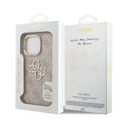 Apple iPhone 15 Pro Max Kılıf Guess Orjinal Lisanslı PU Deri 4G Desenli Metal Büyük 4G ve Yazı Logolu Kamera Standlı Kapak - 26