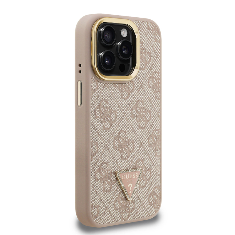 Apple iPhone 15 Pro Max Kılıf Guess Orjinal Lisanslı PU Deri Taşlı Üçgen Logo 4G Desenli Kamera Standlı Kapak - 14