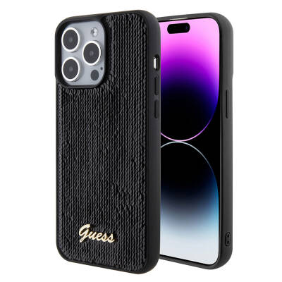 Apple iPhone 15 Pro Max Kılıf Guess Orjinal Lisanslı Pullu Arka Yüzey Metal Yazı Logolu Sequin Script Kapak - 18