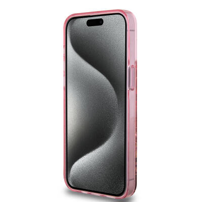 Apple iPhone 15 Pro Max Kılıf Guess Orjinal Lisanslı Transparan Sıvılı Simli Altın Çizgili Kapak - 5