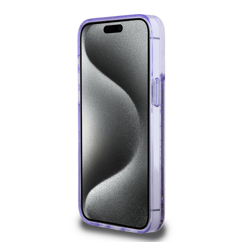 Apple iPhone 15 Pro Max Kılıf Guess Orjinal Lisanslı Transparan Sıvılı Simli Altın Çizgili Kapak - 14