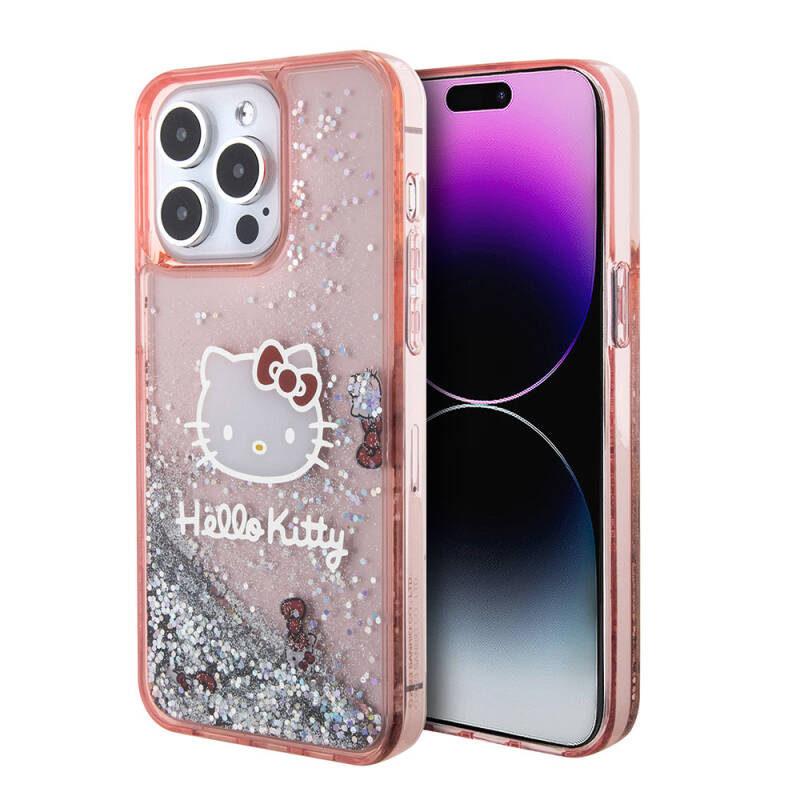Apple iPhone 15 Pro Max Kılıf Hello Kitty Orjinal Lisanslı İkonik Sıvılı Glitter Kapak - 10