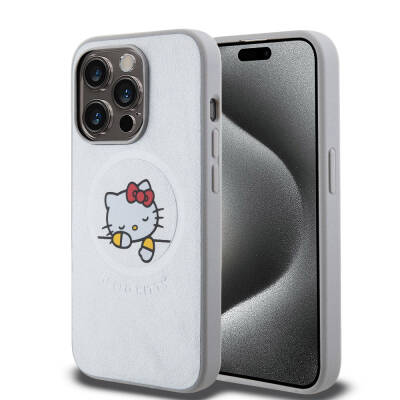 Apple iPhone 15 Pro Max Kılıf Hello Kitty Orjinal Lisanslı Magsafe Şarj Özellikli Baskı Logolu Uyuyan Kitty Deri Kapak - 1