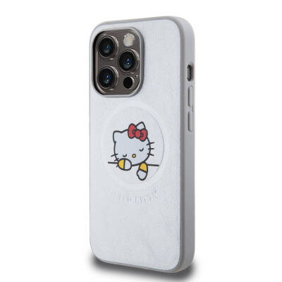 Apple iPhone 15 Pro Max Kılıf Hello Kitty Orjinal Lisanslı Magsafe Şarj Özellikli Baskı Logolu Uyuyan Kitty Deri Kapak - 2