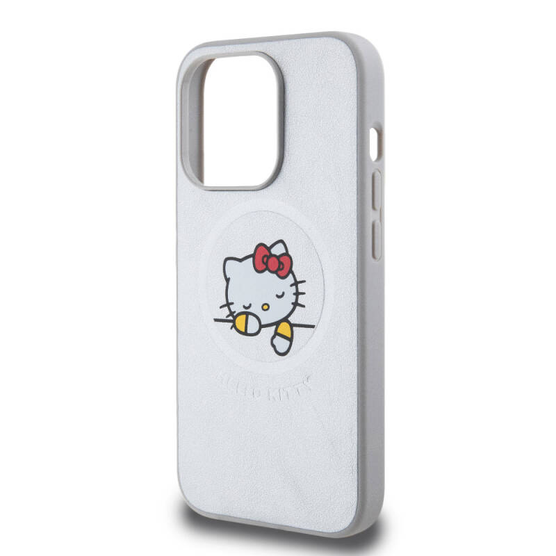 Apple iPhone 15 Pro Max Kılıf Hello Kitty Orjinal Lisanslı Magsafe Şarj Özellikli Baskı Logolu Uyuyan Kitty Deri Kapak - 6