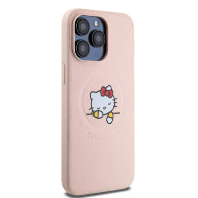 Apple iPhone 15 Pro Max Kılıf Hello Kitty Orjinal Lisanslı Magsafe Şarj Özellikli Baskı Logolu Uyuyan Kitty Deri Kapak - 13