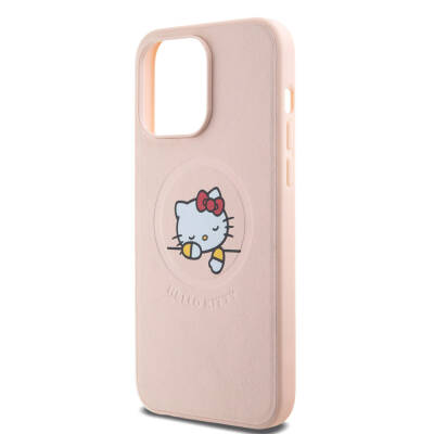 Apple iPhone 15 Pro Max Kılıf Hello Kitty Orjinal Lisanslı Magsafe Şarj Özellikli Baskı Logolu Uyuyan Kitty Deri Kapak - 15