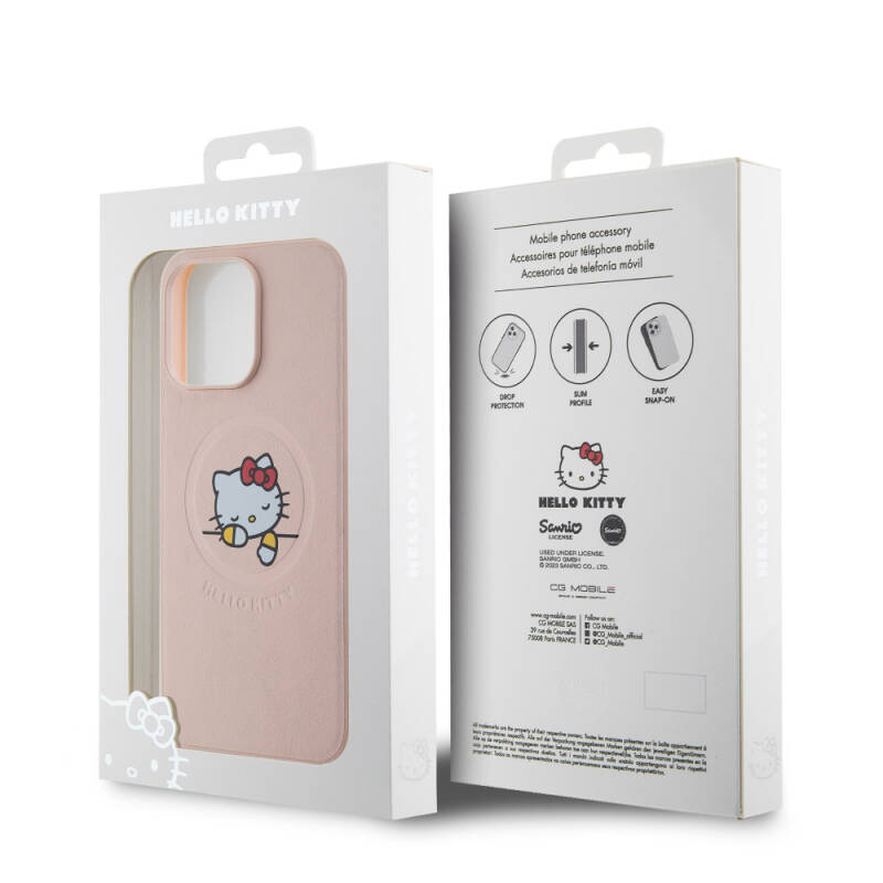 Apple iPhone 15 Pro Max Kılıf Hello Kitty Orjinal Lisanslı Magsafe Şarj Özellikli Baskı Logolu Uyuyan Kitty Deri Kapak - 17