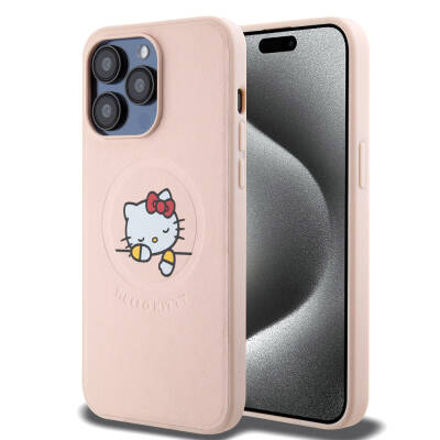 Apple iPhone 15 Pro Max Kılıf Hello Kitty Orjinal Lisanslı Magsafe Şarj Özellikli Baskı Logolu Uyuyan Kitty Deri Kapak - 10