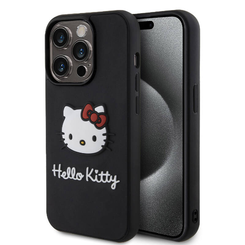 Apple iPhone 15 Pro Max Kılıf Hello Kitty Orjinal Lisanslı Yazı ve İkonik Logolu 3D Rubber Kitty Head Kapak - 1