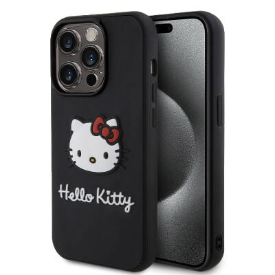 Apple iPhone 15 Pro Max Kılıf Hello Kitty Orjinal Lisanslı Yazı ve İkonik Logolu 3D Rubber Kitty Head Kapak - 9