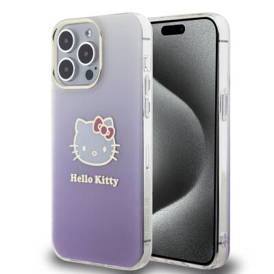 Apple iPhone 15 Pro Max Kılıf Hello Kitty Orjinal Lisanslı Yazı ve İkonik Logolu Elektroplating Kaplama Gradyan Kapak - 1