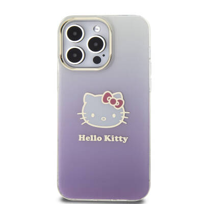 Apple iPhone 15 Pro Max Kılıf Hello Kitty Orjinal Lisanslı Yazı ve İkonik Logolu Elektroplating Kaplama Gradyan Kapak - 3