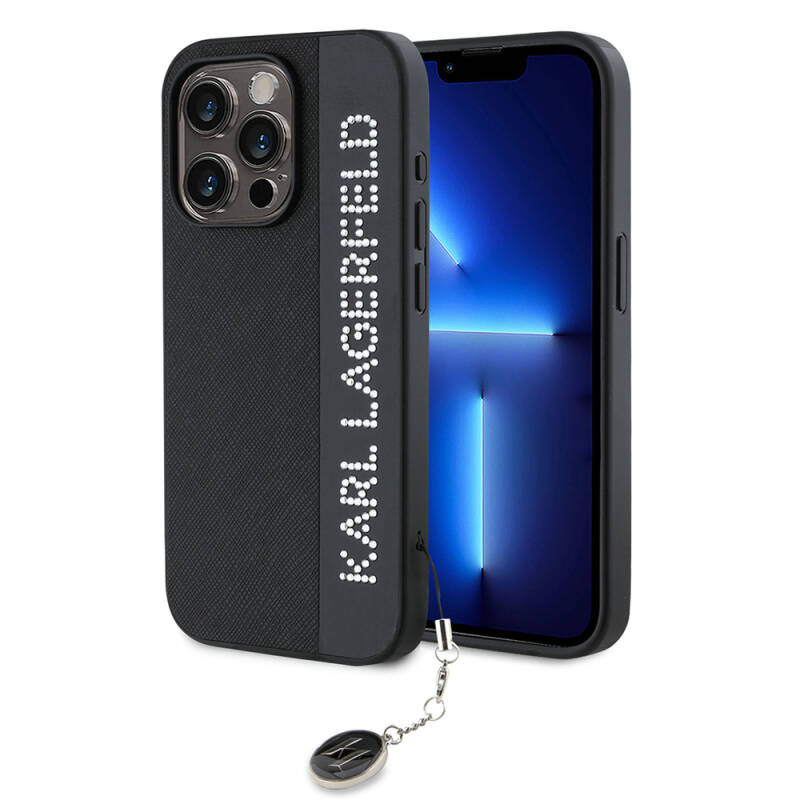 Apple iPhone 15 Pro Max Kılıf Karl Lagerfeld Orjinal Lisanslı Anahtarlıklı Taşlı KL Yazılı Saffiano Rhinestones Kapak - 9