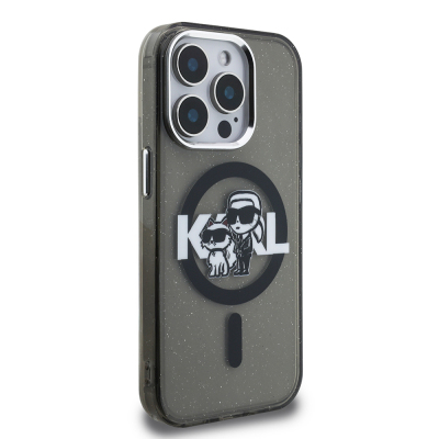 Apple iPhone 15 Pro Max Kılıf Karl Lagerfeld Orjinal Lisanslı Parlayan Simli Karl & Choupette Sketch Logo Kapak - 3