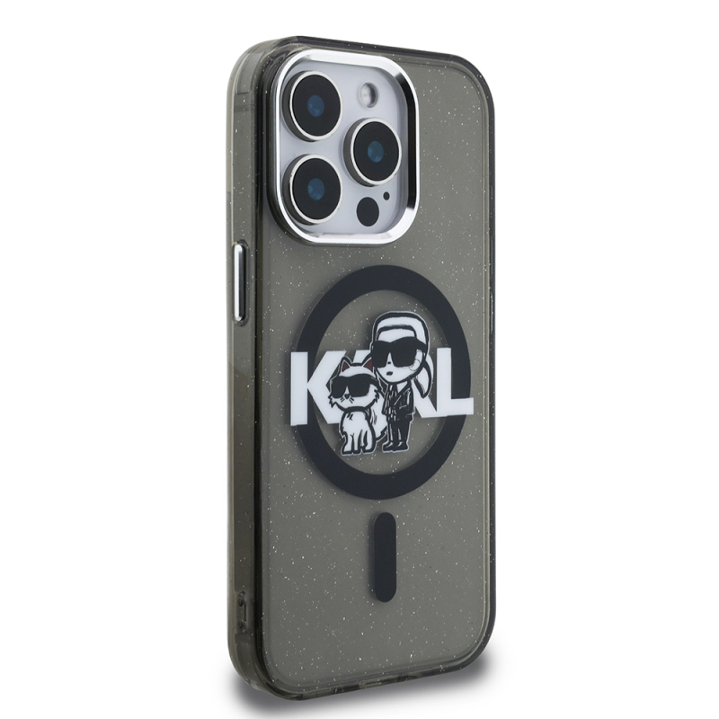Apple iPhone 15 Pro Max Kılıf Karl Lagerfeld Orjinal Lisanslı Parlayan Simli Karl & Choupette Sketch Logo Kapak - 3