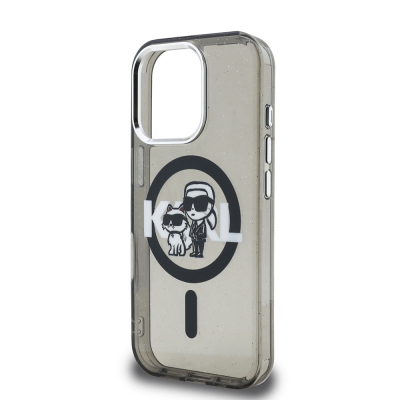 Apple iPhone 15 Pro Max Kılıf Karl Lagerfeld Orjinal Lisanslı Parlayan Simli Karl & Choupette Sketch Logo Kapak - 7