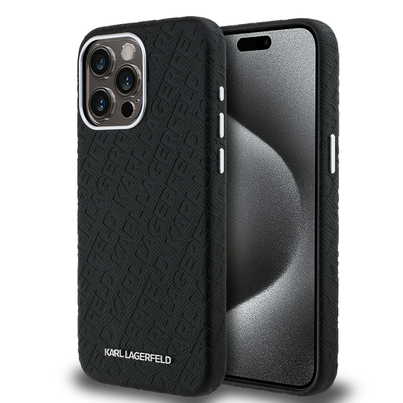 Apple iPhone 15 Pro Max Kılıf Karl Lagerfeld Orjinal Lisanslı PU Deri Damgalı Metal Yazı Logolu Kapak - 1