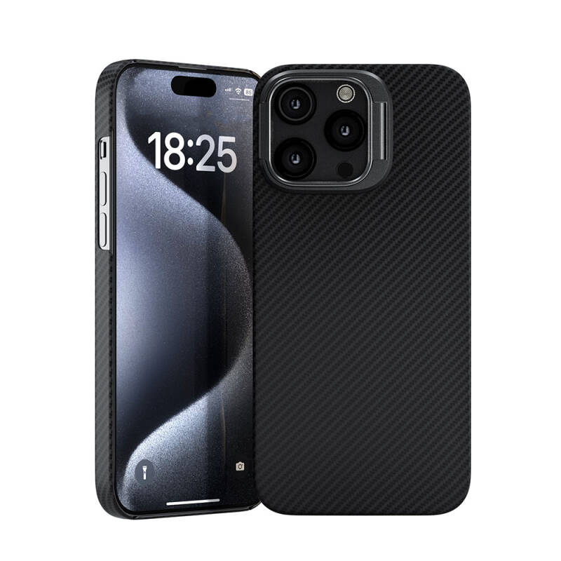 Apple iPhone 15 Pro Max Kılıf M-safe Şarj Özellikli 600D Zore Krek Karbon Standlı Kapak - 1