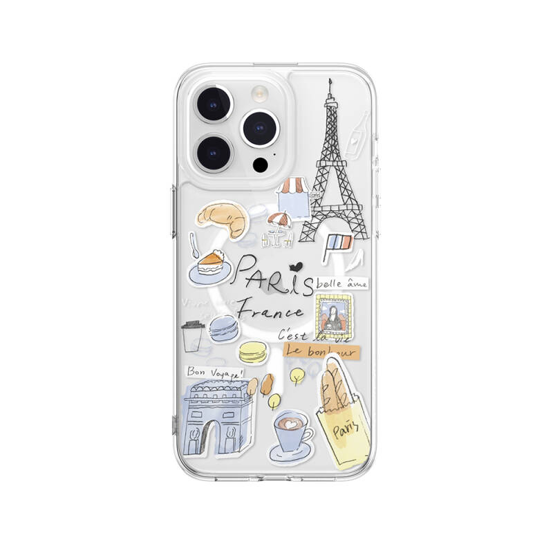 Apple iPhone 15 Pro Max Kılıf Magsafe Şarj Özellikli Çizim Desenli Şok Önleyicili Şeffaf Lisanslı Switcheasy City-M Paris Kapak - 1