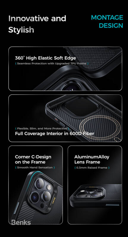 Apple iPhone 15 Pro Max Kılıf Magsafe Şarj Özellikli Karbon Fiber Benks Montage Hybrid Armor Pro Kevlar Kapak - 17