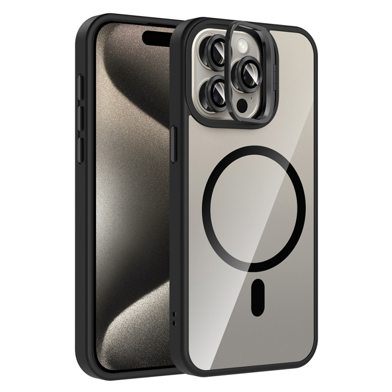 Apple iPhone 15 Pro Max Kılıf Standlı ve Kamera Lens Hediyeli M-Safe Şarj Özellikli Zore Etro Kapak - 4