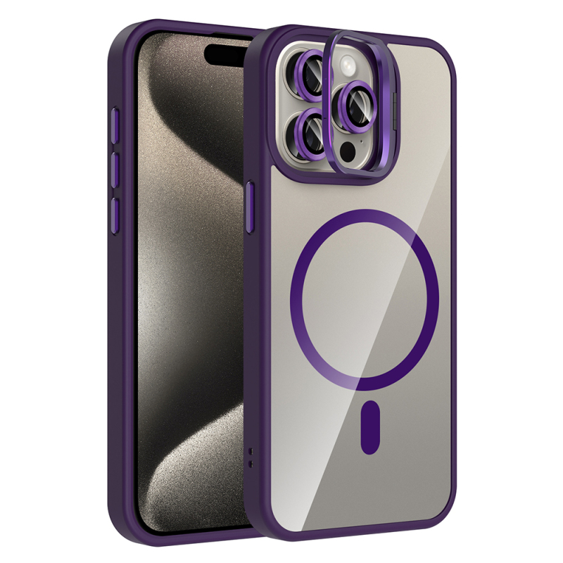 Apple iPhone 15 Pro Max Kılıf Standlı ve Kamera Lens Hediyeli M-Safe Şarj Özellikli Zore Etro Kapak - 1
