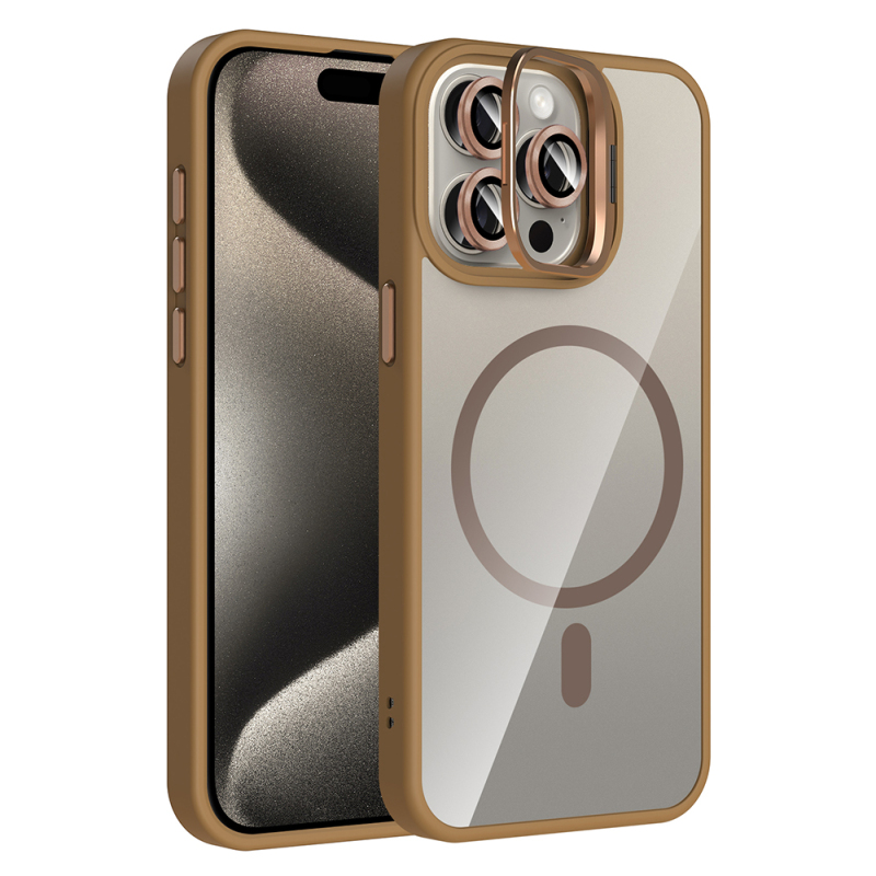 Apple iPhone 15 Pro Max Kılıf Standlı ve Kamera Lens Hediyeli M-Safe Şarj Özellikli Zore Etro Kapak - 7
