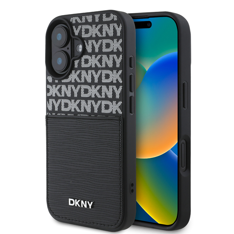 Apple iPhone 16 Case DKNY Original Licensed Card Holder 3D Written Repeat Texture Pattern Cover - 1