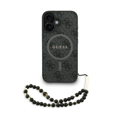 Apple iPhone 16 Case Guess Original Licensed M-safe Charging Feature PU Leather Wrist Strap Rope Cover Text Logo - 2