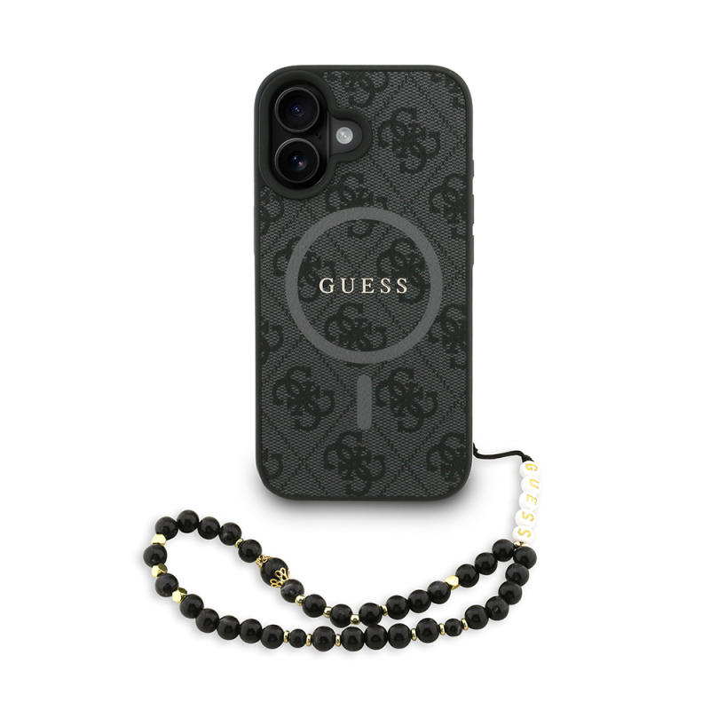 Apple iPhone 16 Case Guess Original Licensed M-safe Charging Feature PU Leather Wrist Strap Rope Cover Text Logo - 2
