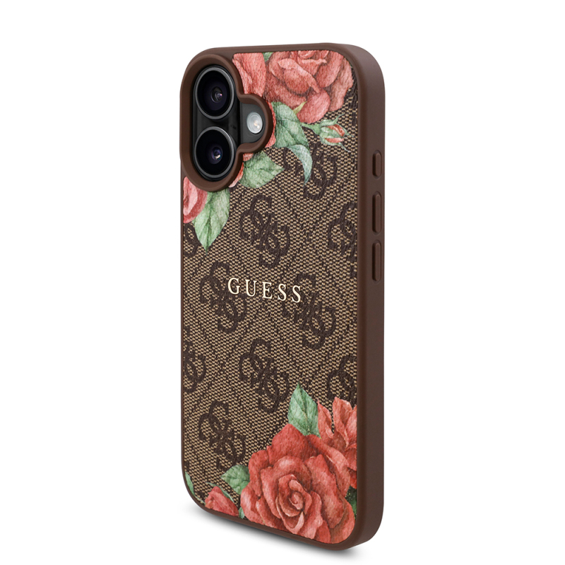 Apple iPhone 16 Case Guess Original Licensed Magsafe Charging Feature Rose Printed 4G Patterned Text Logo Cover - 4