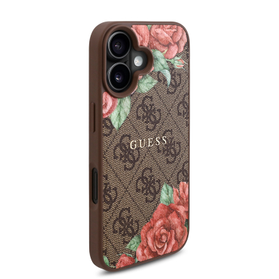 Apple iPhone 16 Case Guess Original Licensed Magsafe Charging Feature Rose Printed 4G Patterned Text Logo Cover - 6