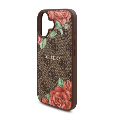 Apple iPhone 16 Case Guess Original Licensed Magsafe Charging Feature Rose Printed 4G Patterned Text Logo Cover - 8