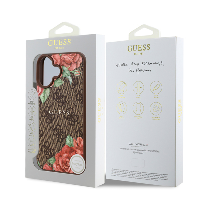 Apple iPhone 16 Case Guess Original Licensed Magsafe Charging Feature Rose Printed 4G Patterned Text Logo Cover - 10