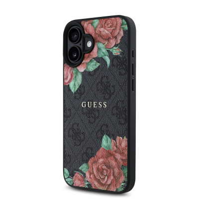 Apple iPhone 16 Case Guess Original Licensed Magsafe Charging Feature Rose Printed 4G Patterned Text Logo Cover - 11