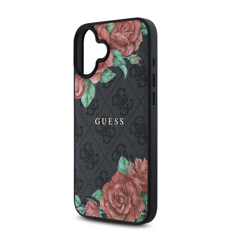 Apple iPhone 16 Case Guess Original Licensed Magsafe Charging Feature Rose Printed 4G Patterned Text Logo Cover - 15